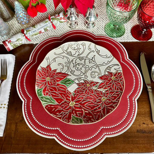Nurture red faux leather scalloped placemat styled for a classic Christmas table setting by PNRDECOR ship from USA