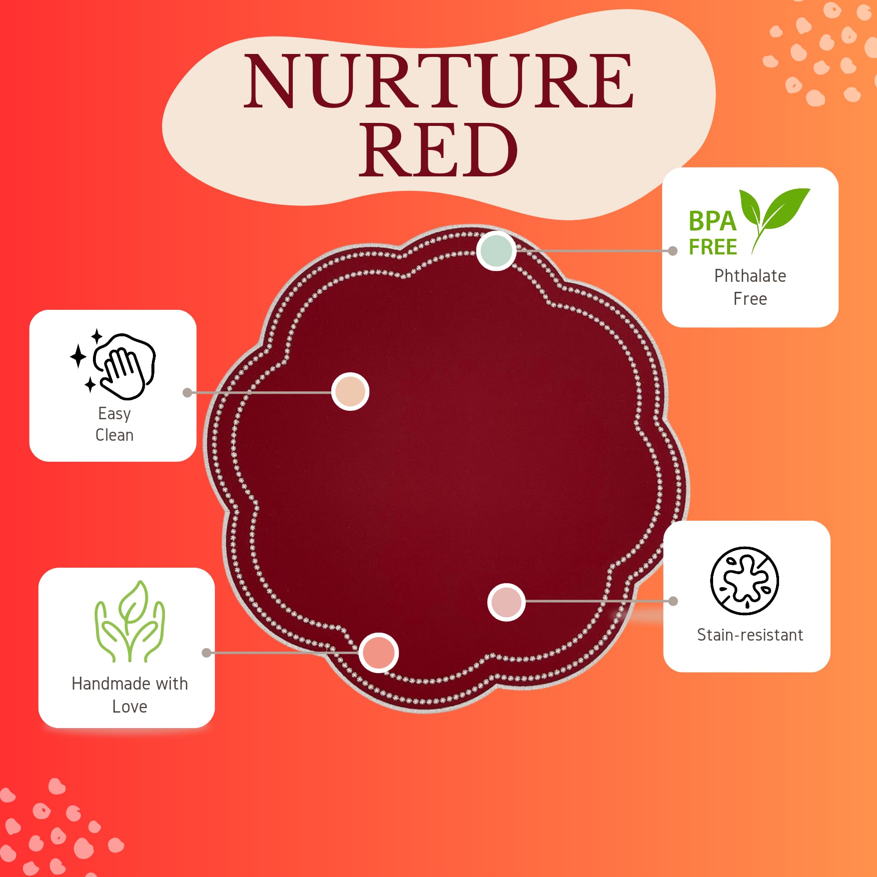 Nurture red scalloped faux leather placemat shown in a holiday table decor setup by PNRDECOR ship from USA