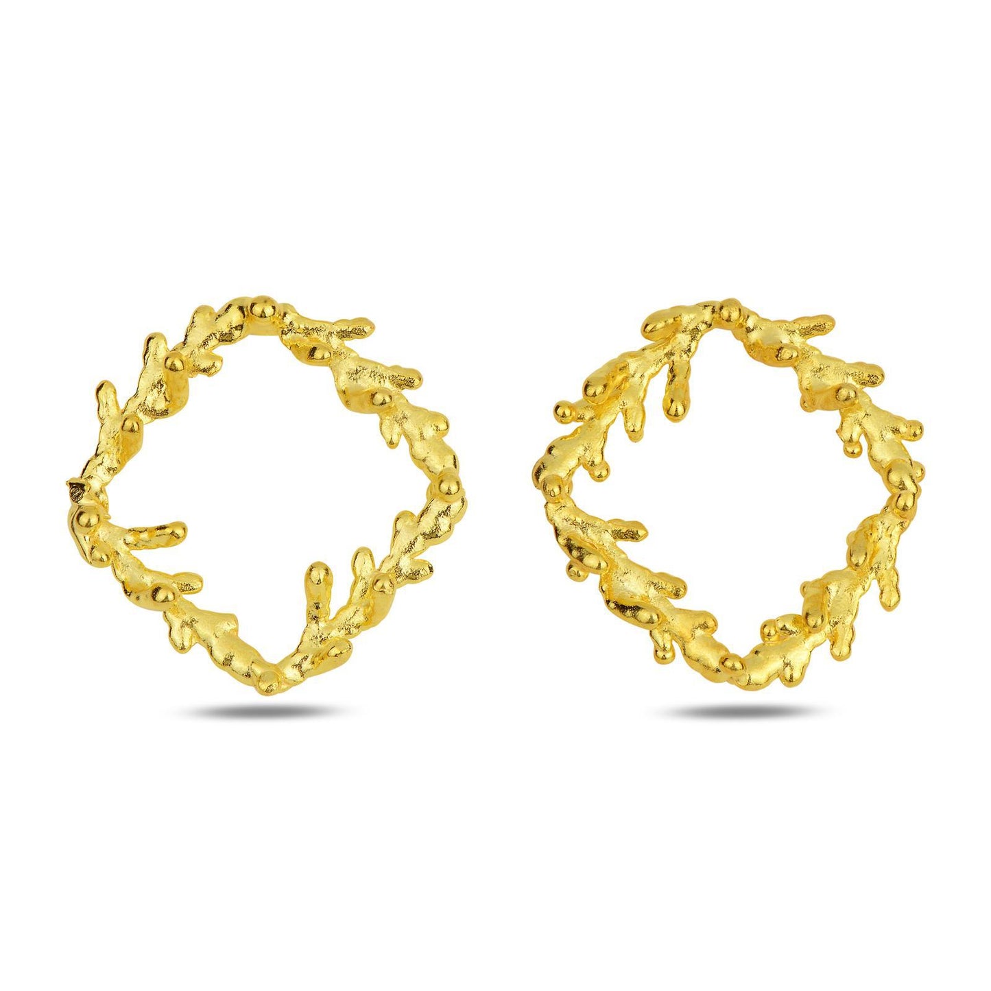 Two artisan-made gold-plated silver earrings with a distinctive textured square frame design, cast from real pine tree elements. The natural branch form meets a classic square shape, creating unique botanical statement accessories.