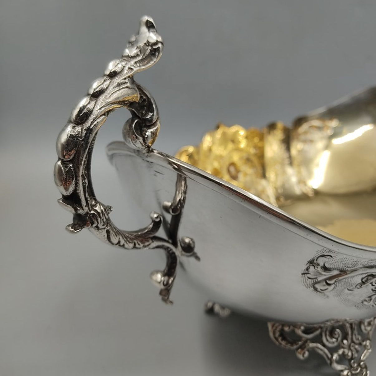 Detailed floral repousse silver boat shape bowl with cast feet by PNR Decor ship from USA
