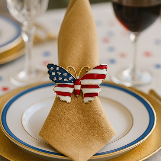 Front view of American flag themed enamel butterfly napkin ring with stars and stripes.