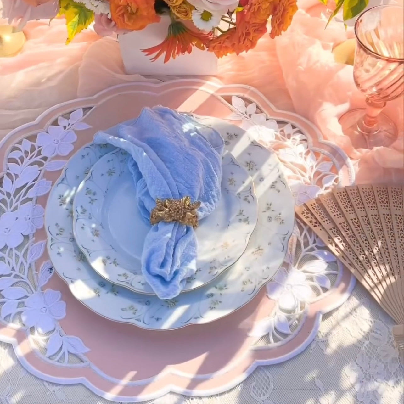 Radiance Pink Faux Leather Placemat – close-up view showing the intricate embroidery, double-layer stitching, and premium vegan faux leather texture. Exclusively by PNR Decor.