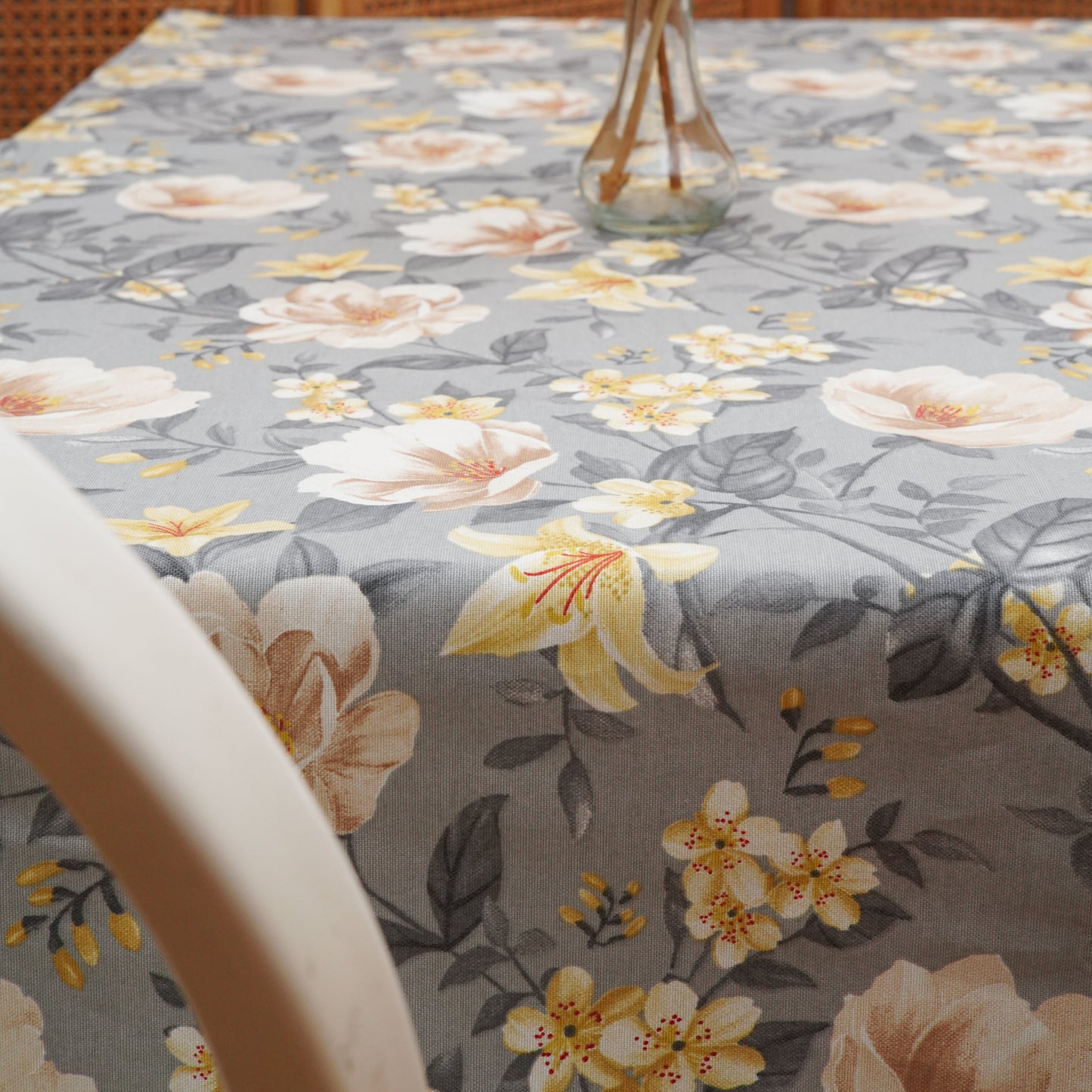 Loila Floral Gray Yellow Rectangular Tablecloth – Premium Cotton Blend, Sustainable, Water Repellent, Wrinkle-Resistant Easy Care, Made to Order, USA Shipping