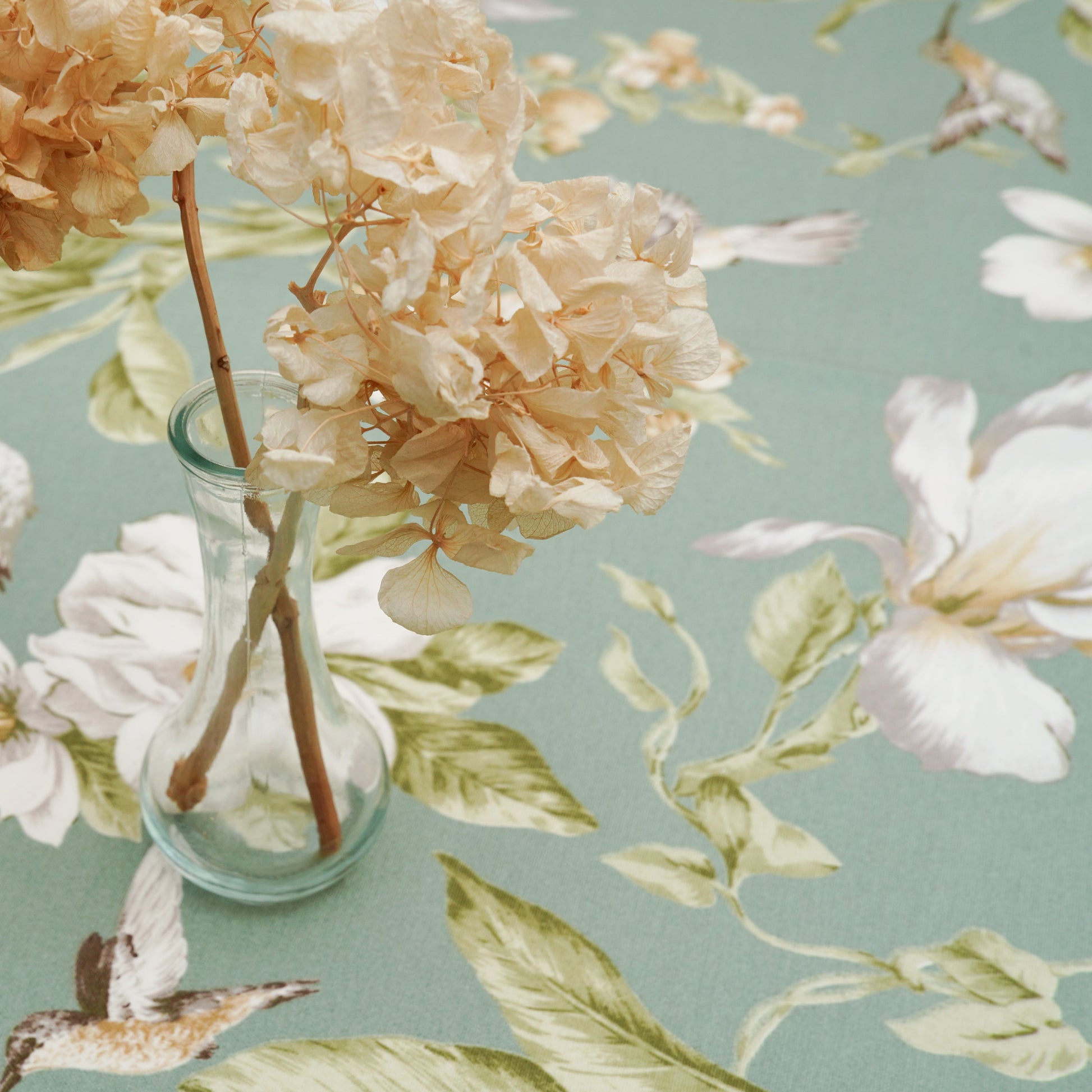 Misty Hummingbird & Floral Tablecloth (Rectangle), Luxury Cotton-Blend Linen, Eco Friendly, Spill-Resistant, Easy Maintenance, Custom Sizes, USA Delivery