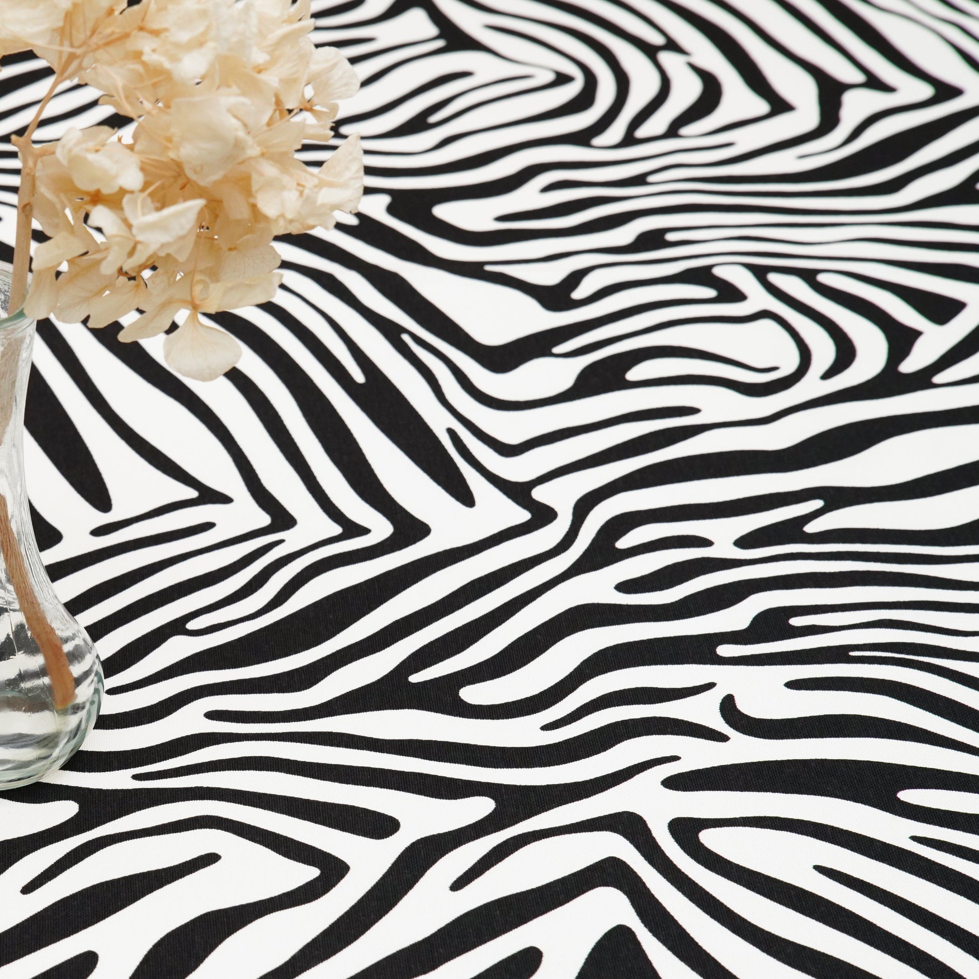 Zephyr Black White Zebra Print Rectangular Tablecloth – Premium Cotton Blend, Sustainable, Water Repellent, Easy Care, Custom Sizing, Ships USA