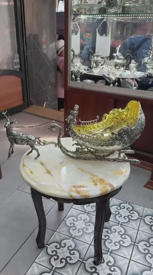 Antique silver reindeer sleigh centerpiece video showcasing gilded interior, Rococo detailing, and full 360° decorative view.