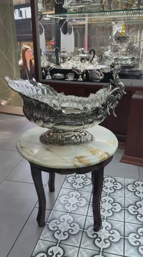 Antique silver gondola centerpiece video showcasing ornate Rococo details, cherub figurine close-up, and full 360° view for collectors and home decor lovers.