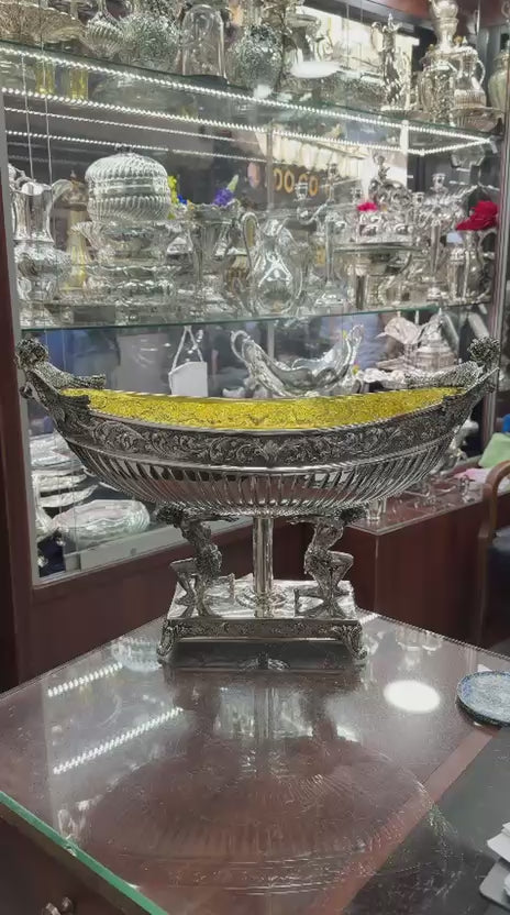 Antique silver Hercules gondola centerpiece video showing gilded interior, detailed mythological figures, and 360° decorative view.