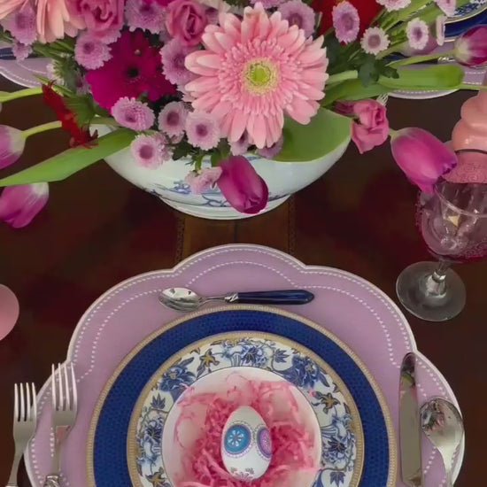 Nurture Purple Round Faux Leather Placemat – styled for sophisticated table settings, made from cruelty-free vegan leather with refined embroidery and easy-to-clean finish.