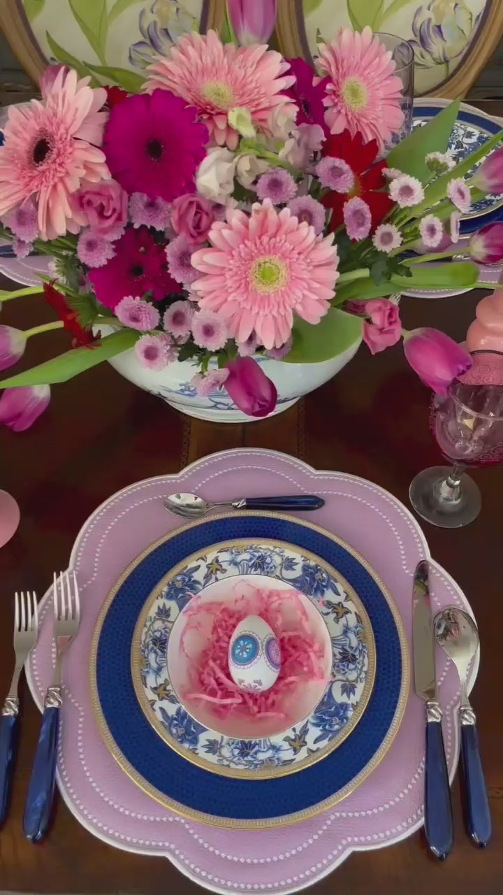 Nurture Purple Round Faux Leather Placemat – styled for sophisticated table settings, made from cruelty-free vegan leather with refined embroidery and easy-to-clean finish.