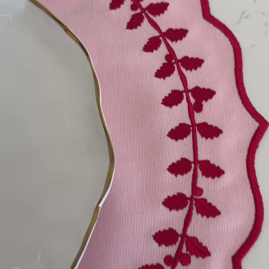 A short video showcasing the Champagne Pink Cotton Blend Round Placemat in use — close-up views of the embroidered scalloped edges, waterproof surface, and elegant texture on a modern dining table setup.