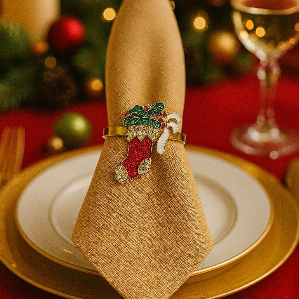Front view of festive red enamel Christmas stocking napkin ring with crystal accents.