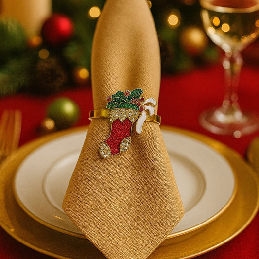 Front view of festive red enamel Christmas stocking napkin ring with crystal accents.
