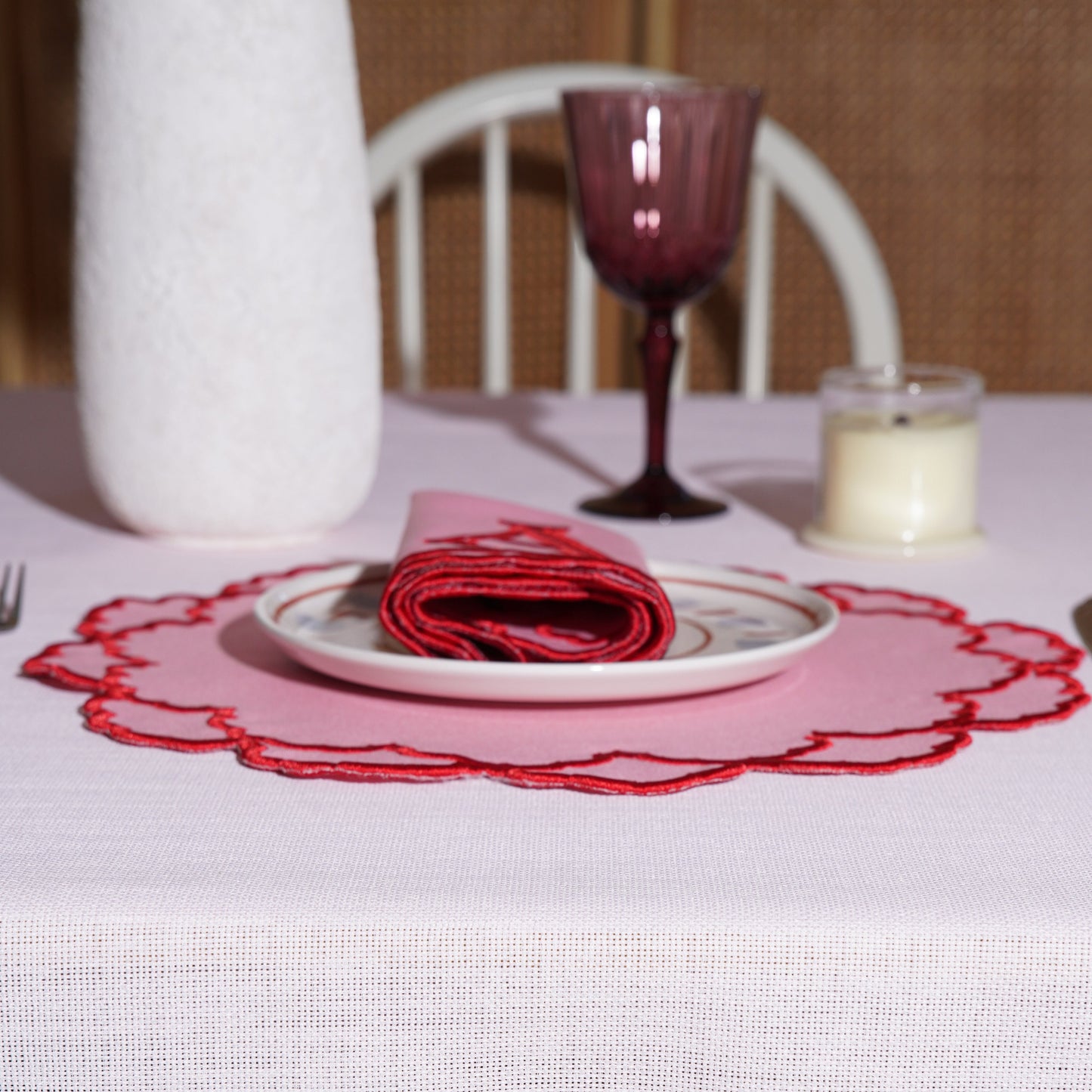 Tasteful embroidered set with clean lines and coordinated elegance