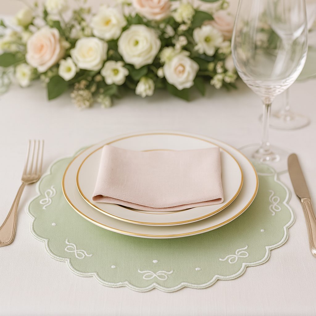 Ribbia green round fabric placemat and napkin set styled for elegant table decor by PNRDECOR ship from USA