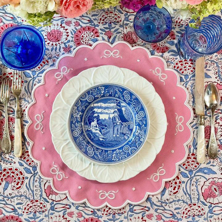 Ribbia pink round fabric placemat styled for a modern holiday table setting by PNRDECOR ship from USA