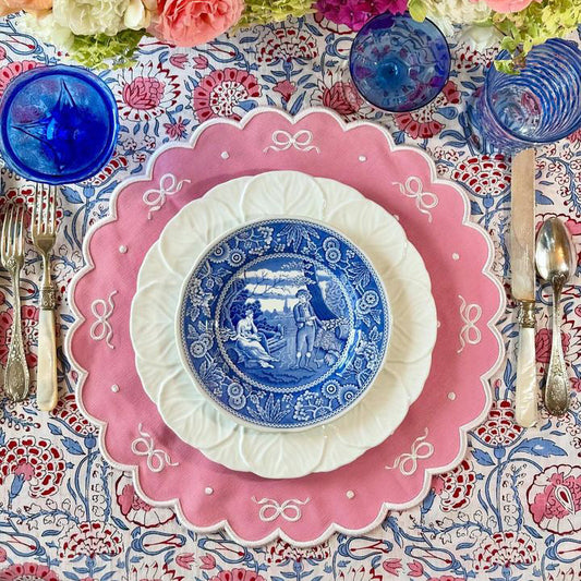 Ribbia pink round fabric placemat styled for a modern holiday table setting by PNRDECOR ship from USA