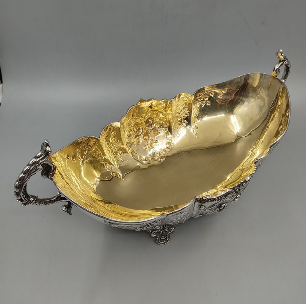 Elegant silver centerpiece with ornate scroll handles and vermeil interior by PNR Decor ship from USA