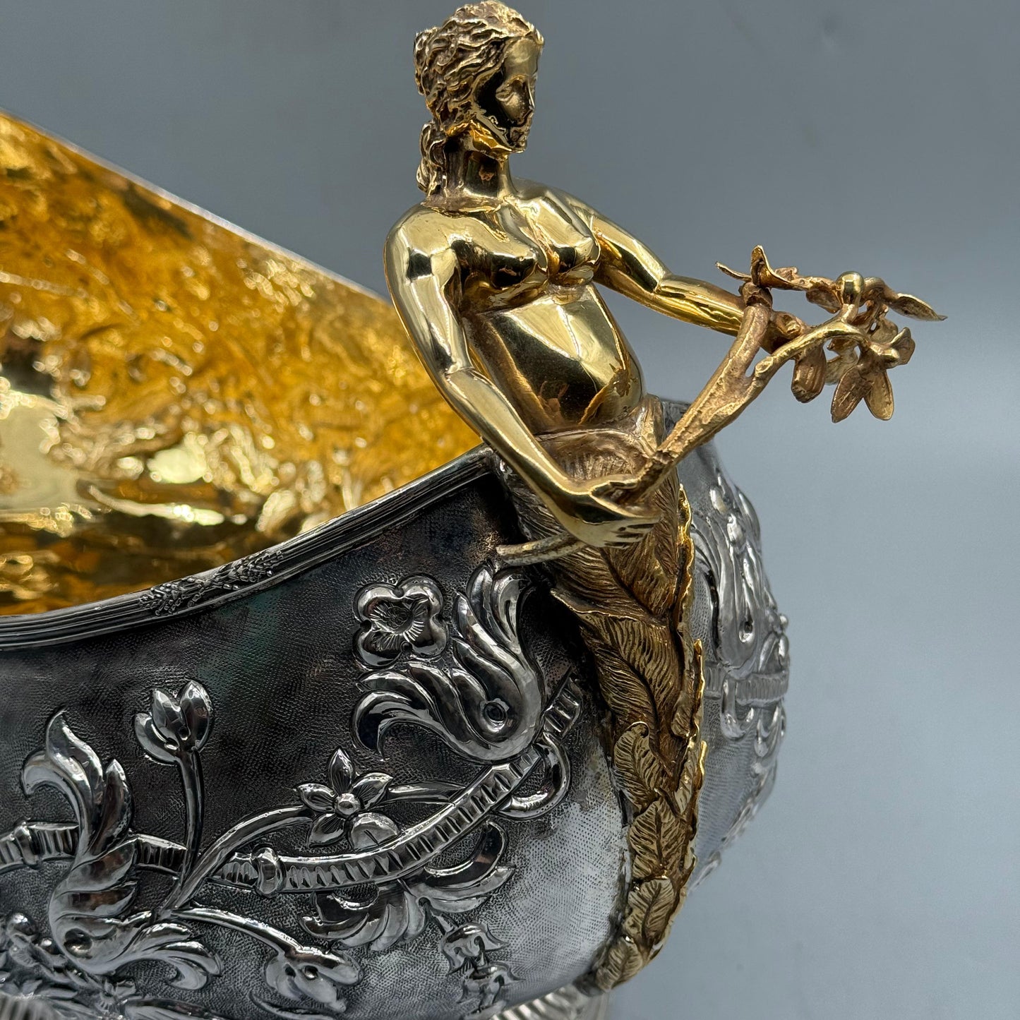 Side profile of ornate rococo style silver boat bowl with floral repousse by PNR Decor ship from USA