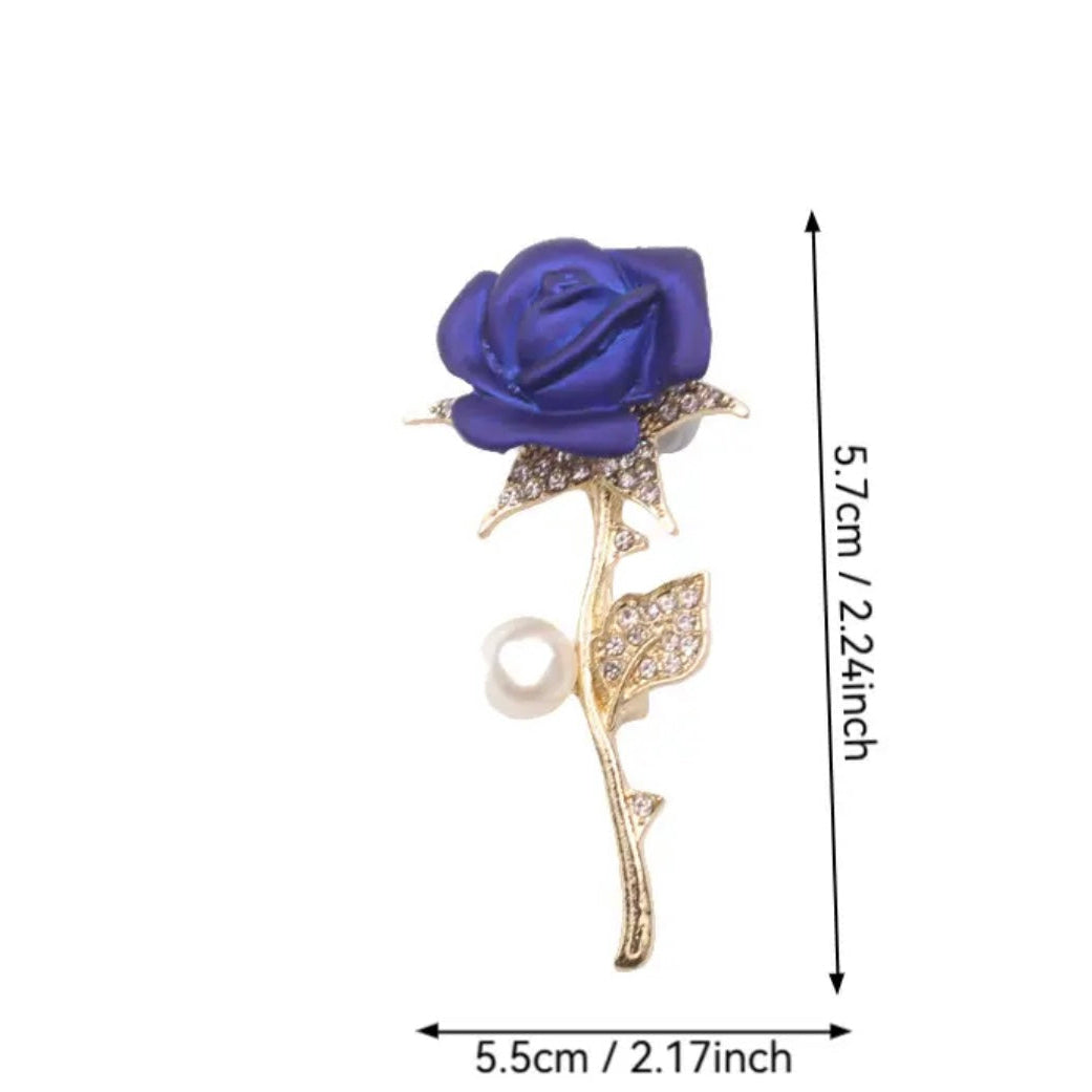 Close-up of the Royal Blue Rose brooch showing pearl accents and crystal sparkle around the blue rose, Ship From USA, by Pnr Decor.
