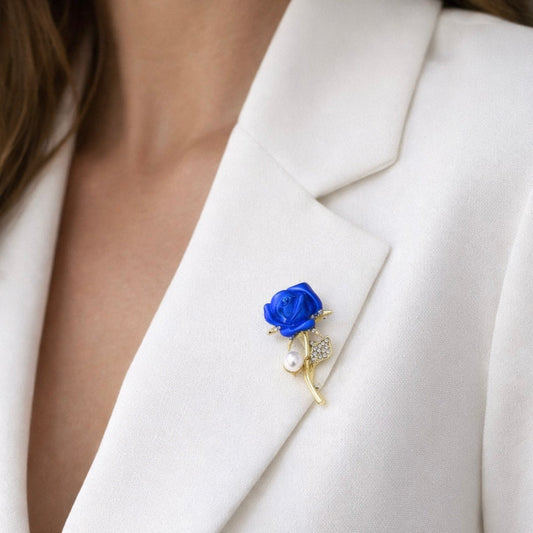 Royal Blue Rose pearl and crystal brooch with deep blue floral design and sparkling rhinestones, Ship From USA, by Pnr Decor.