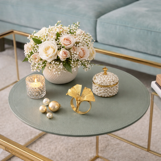 Elegant living room coffee table decor featuring a sage green round tray, a floral centerpiece with blush and white roses, a crystal candle holder, a pearl decorative box, and a gold ginkgo leaf accent.