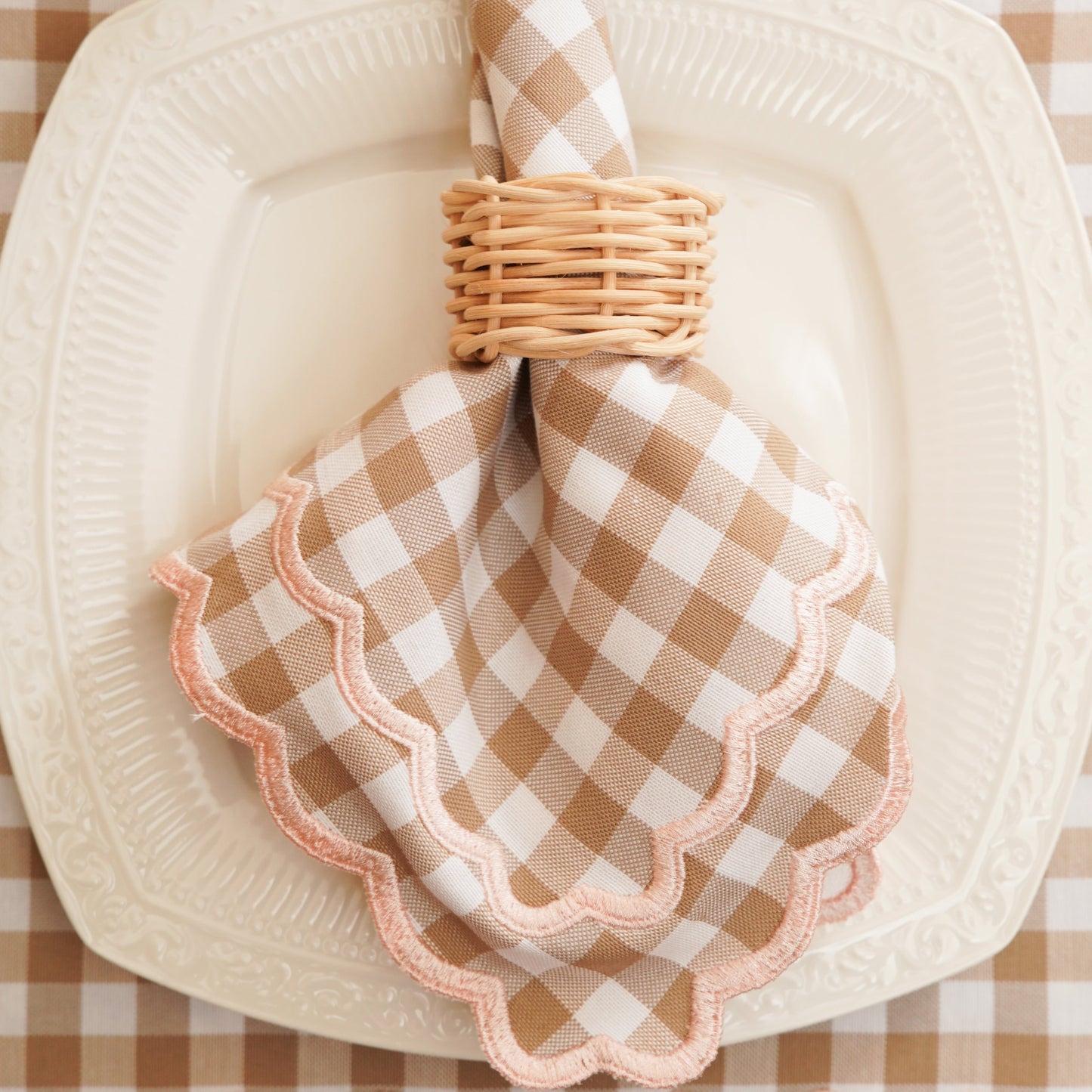 Sage gingham beige cotton placemat and napkin set for elegant casual dining by PNRDECOR ship from USA