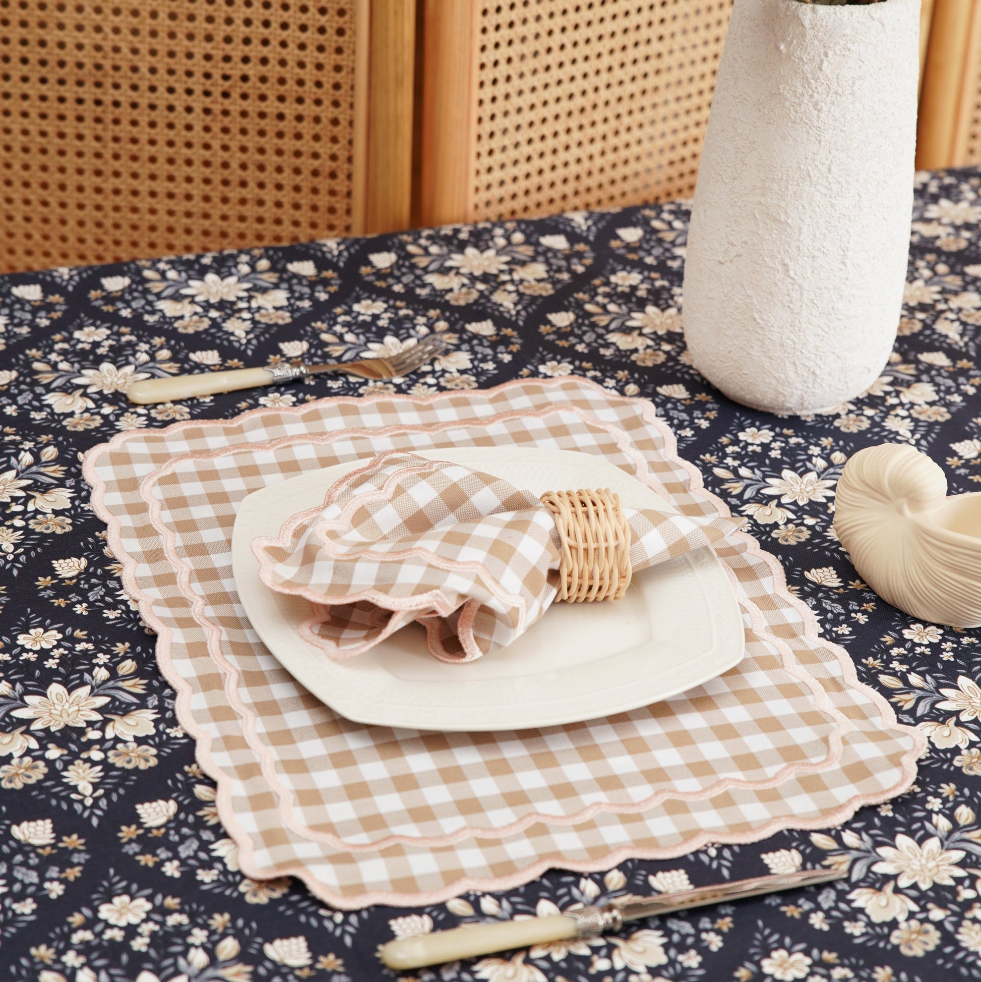 Sage gingham beige embroidered placemat and napkin set detail shot with neat stitching by PNRDECOR ship from USA