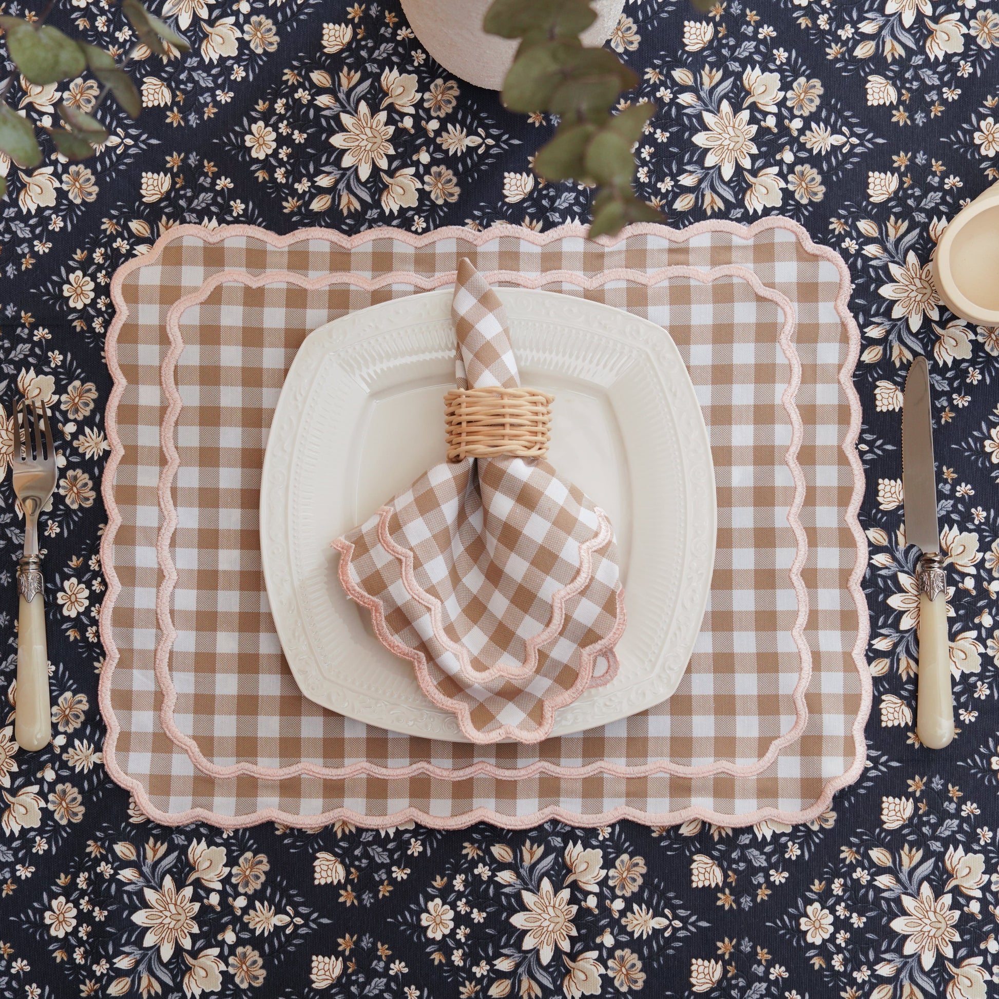 Sage gingham beige fabric placemat and napkin set for farmhouse table styling by PNRDECOR ship from USA