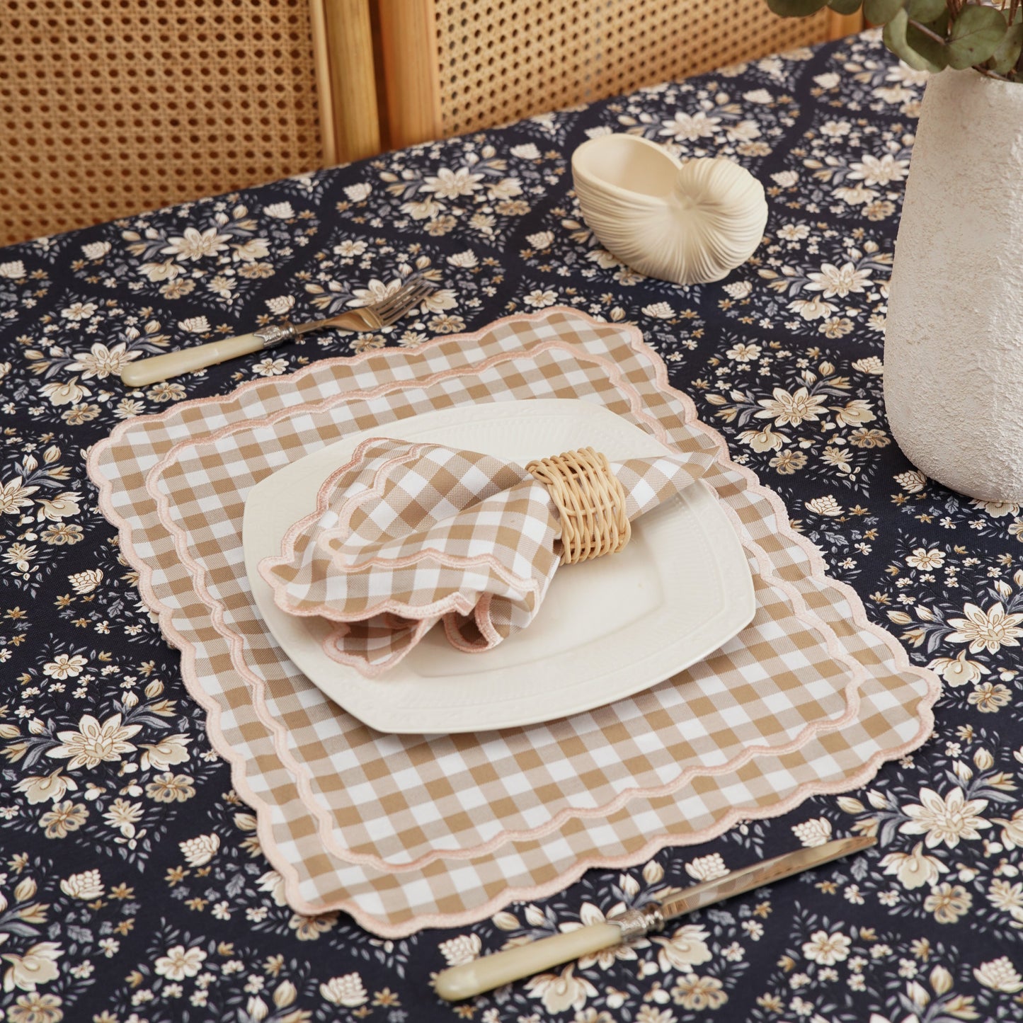 Sage gingham beige placemat and napkin set arranged with plates for a stylish dining setup by PNRDECOR ship from USA