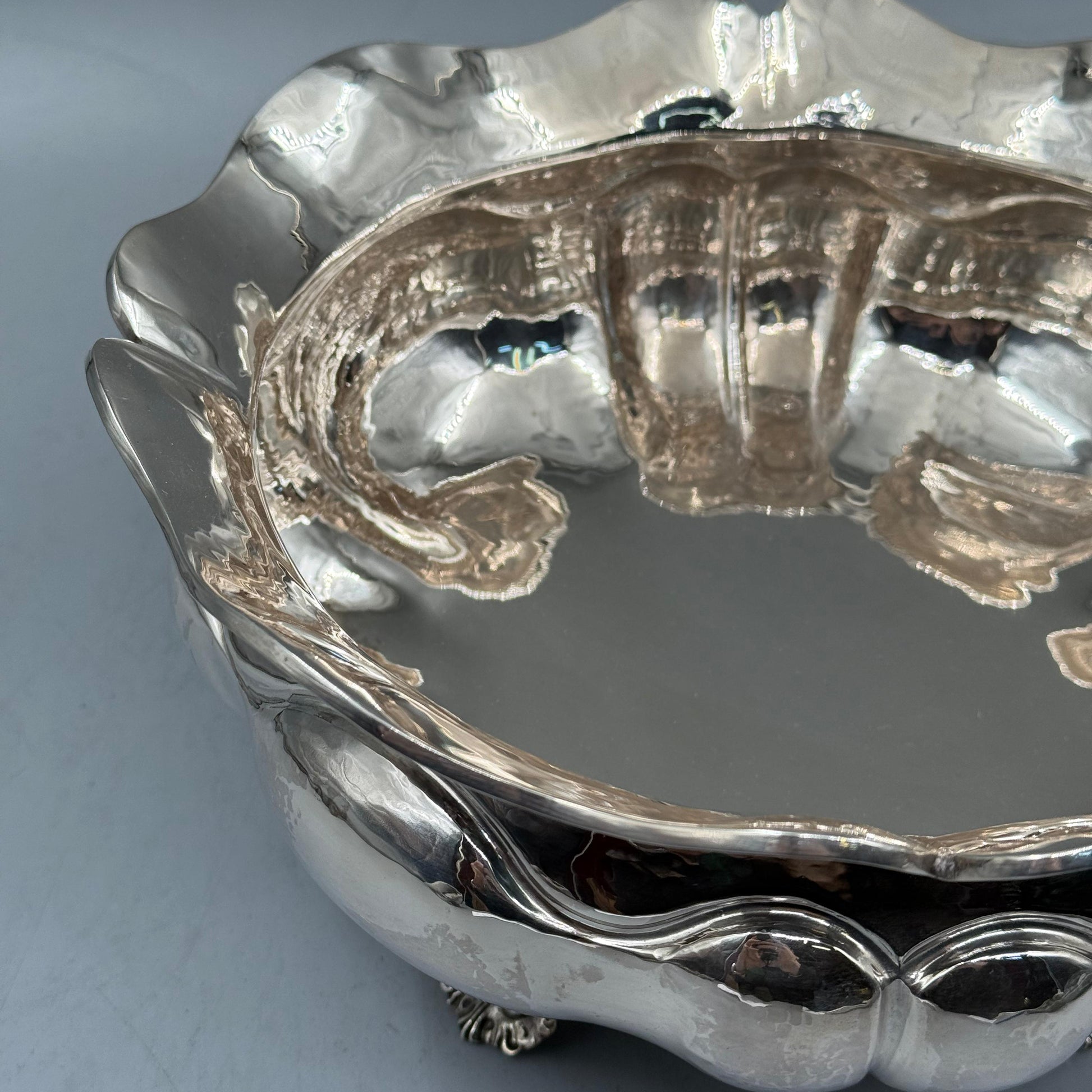 Elegant silver centerpiece bowl with scalloped rim and scroll feet by PNR Decor ship from USA