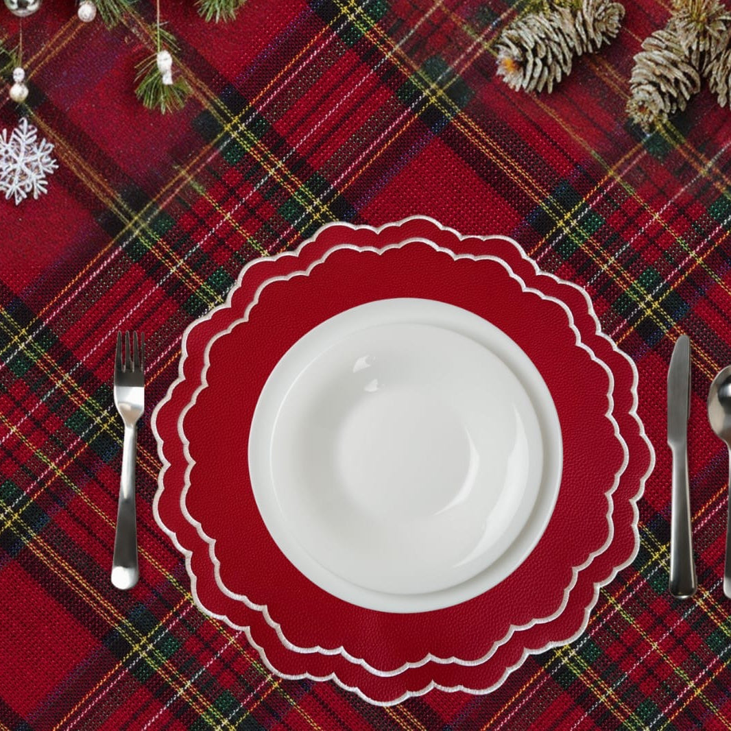 Scarlet Red Round Faux Leather Placemat  – close-up view showing the intricate embroidery, double-layer stitching, and premium vegan faux leather texture. Exclusively by PNR Decor.