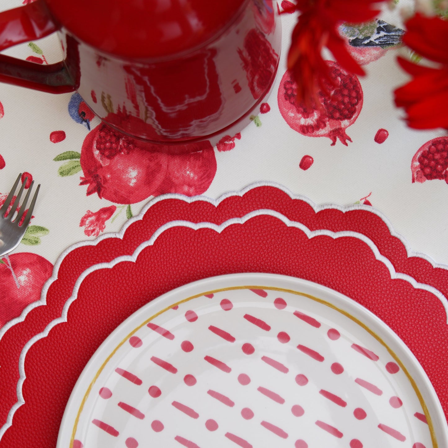 Scarlet red faux leather placemat styled for a Christmas table setting by PNRDECOR ship from USA