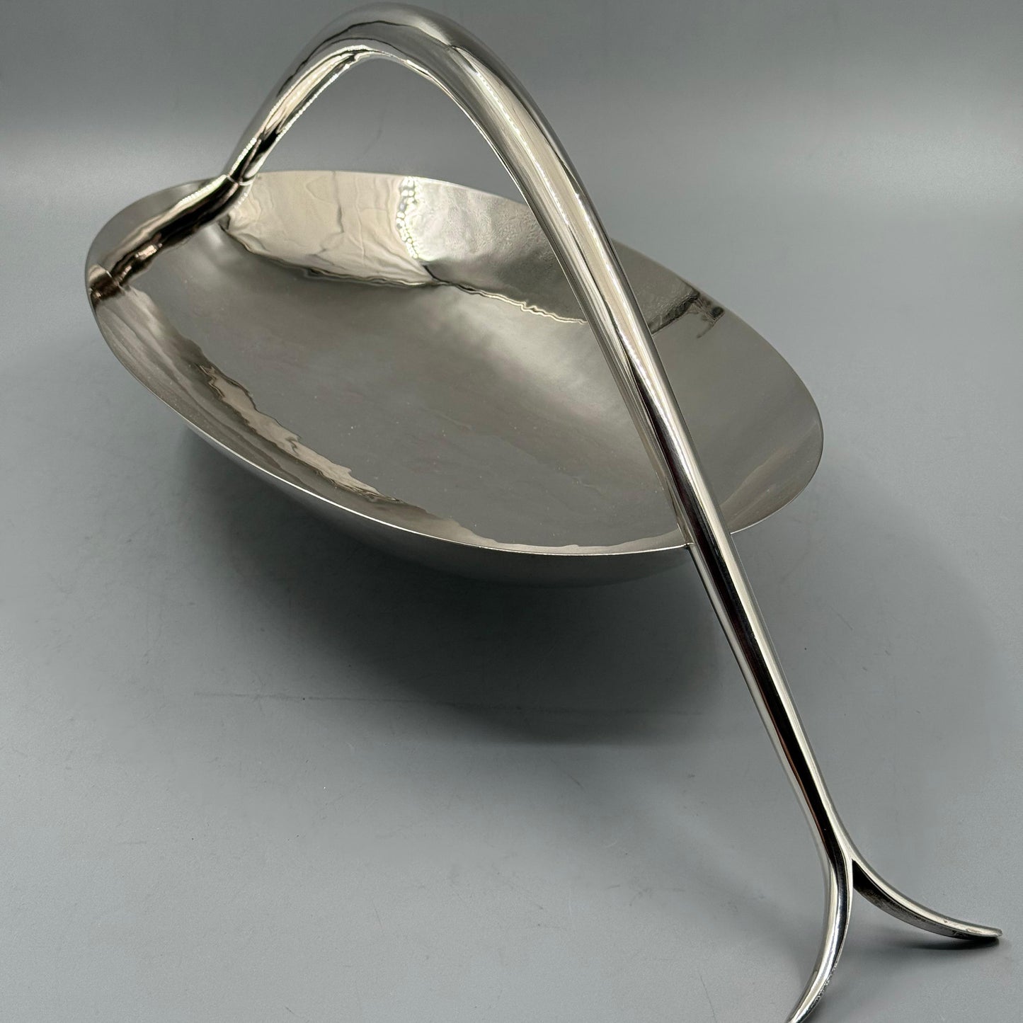 High polished sculptural silver dish with long curved handle by PNR Decor ship from USA