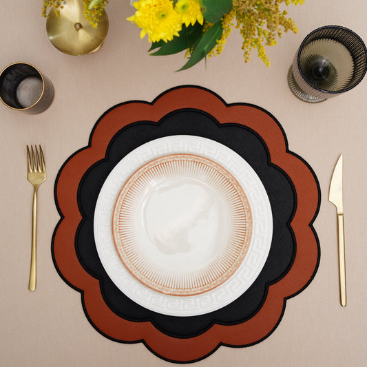 Faux leather placemat arranged in an upscale wedding table setup