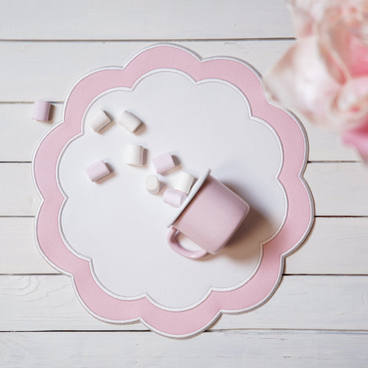 Serenity White Pink Faux Leather Placemat  – expertly handcrafted from eco-friendly, vegan faux leather with elegant embroidery and double-layered design, stain-resistant and durable. Exclusively by PNR Decor.