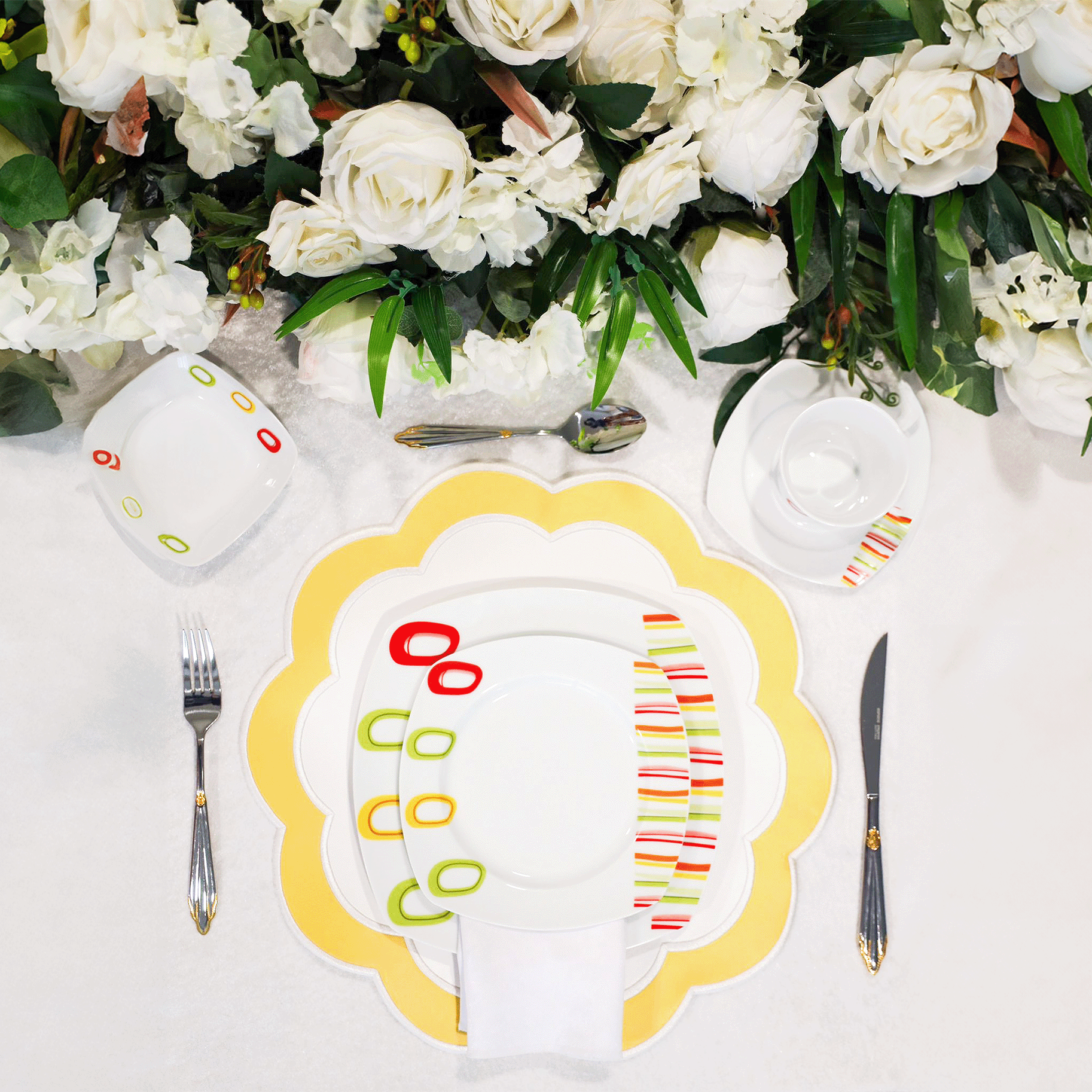 Serenity White Yellow Faux Leather Placemat  – expertly handcrafted from eco-friendly, vegan faux leather with elegant embroidery and double-layered design, stain-resistant and durable. Exclusively by PNR Decor.
