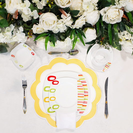 Serenity White Yellow Faux Leather Placemat  – expertly handcrafted from eco-friendly, vegan faux leather with elegant embroidery and double-layered design, stain-resistant and durable. Exclusively by PNR Decor.