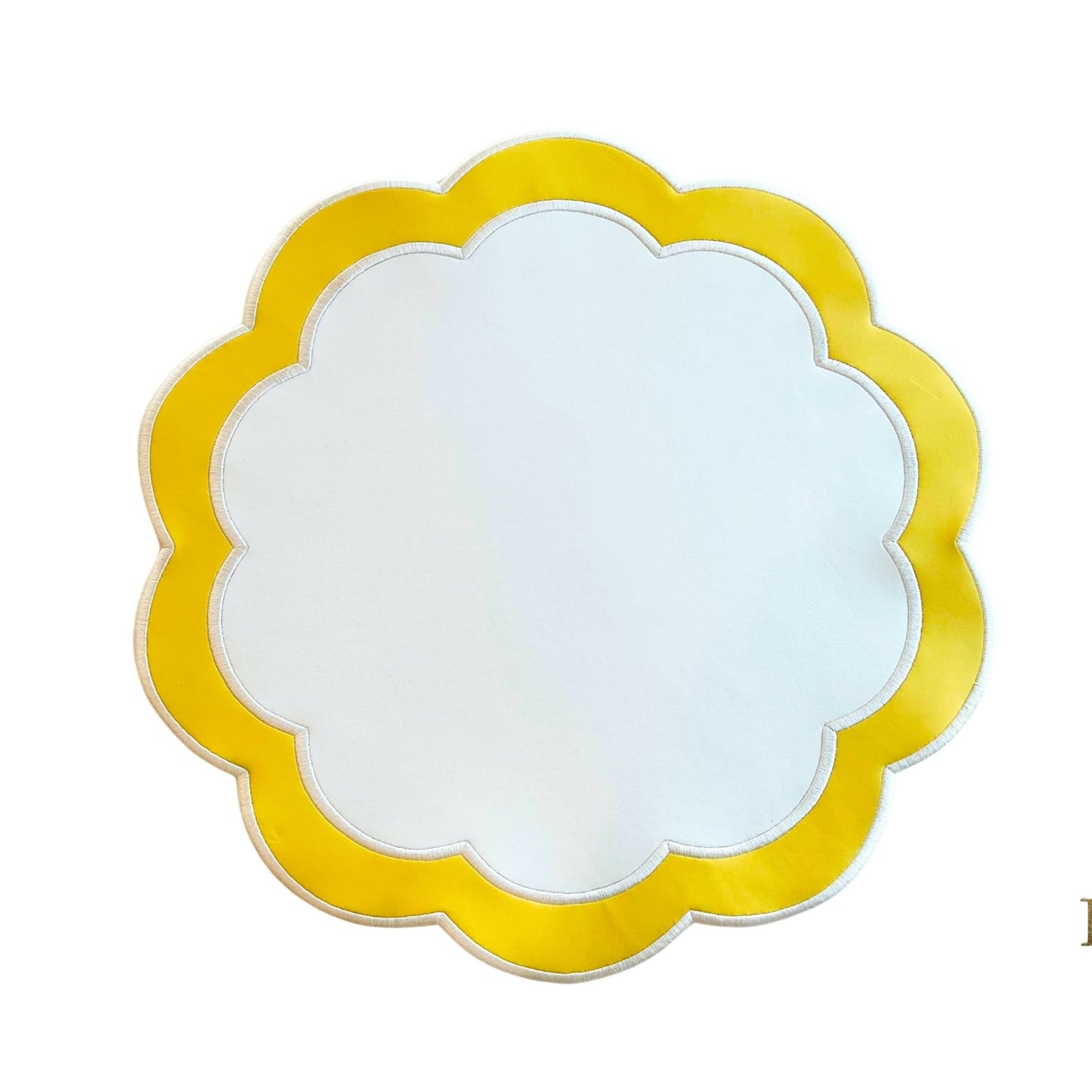 Serenity White Yellow Faux Leather Placemat  – styled for sophisticated table settings, made from cruelty-free vegan leather with refined embroidery and easy-to-clean finish. Exclusively by PNR Decor.