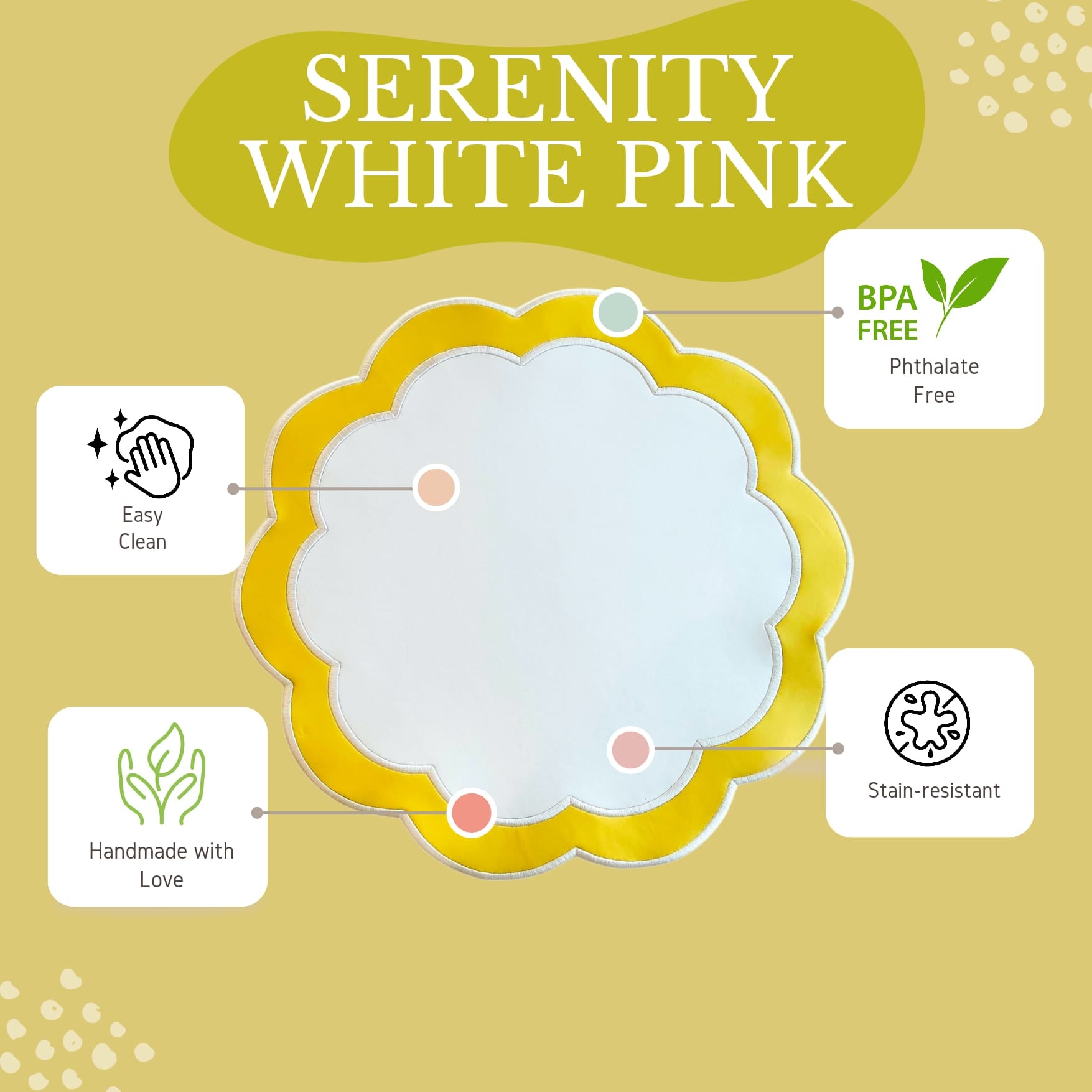 Serenity white and yellow faux leather scalloped placemat with wavy edge styled for a bright elegant table setting by PNRDECOR ship from USA