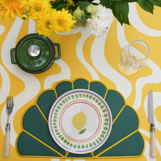 Double-layer faux leather placemat with scalloped edges and detailed craftsmanship