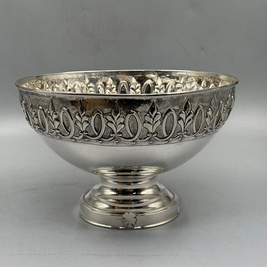 Close up of detailed floral scroll relief band on silver bowl by PNR Decor ship from USA