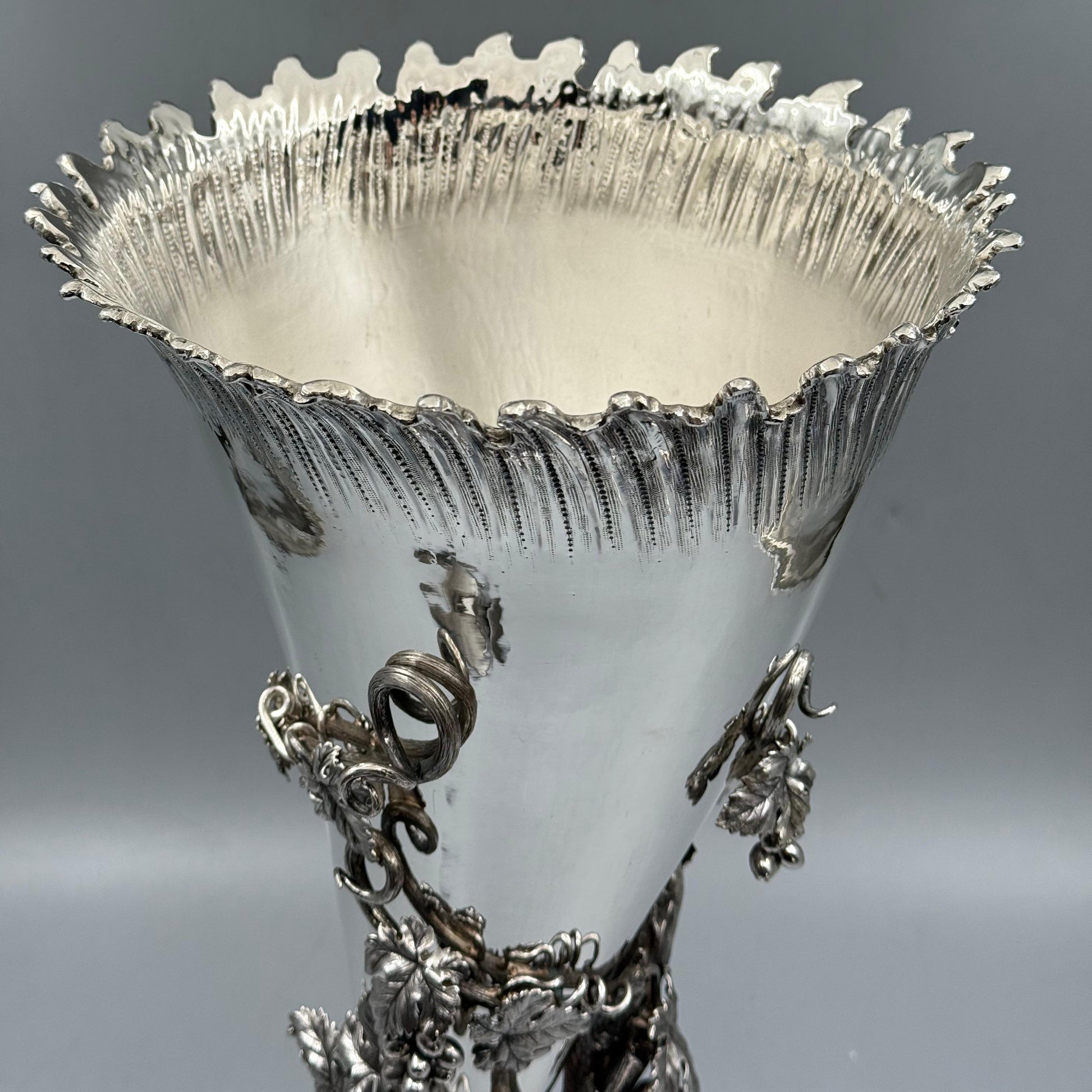 Elegant silver horn of plenty vase with crimped rim and ornate base by PNR Decor ship from USA