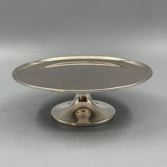 Elegant silver pedestal cake stand with polished round tray for desserts and pastries