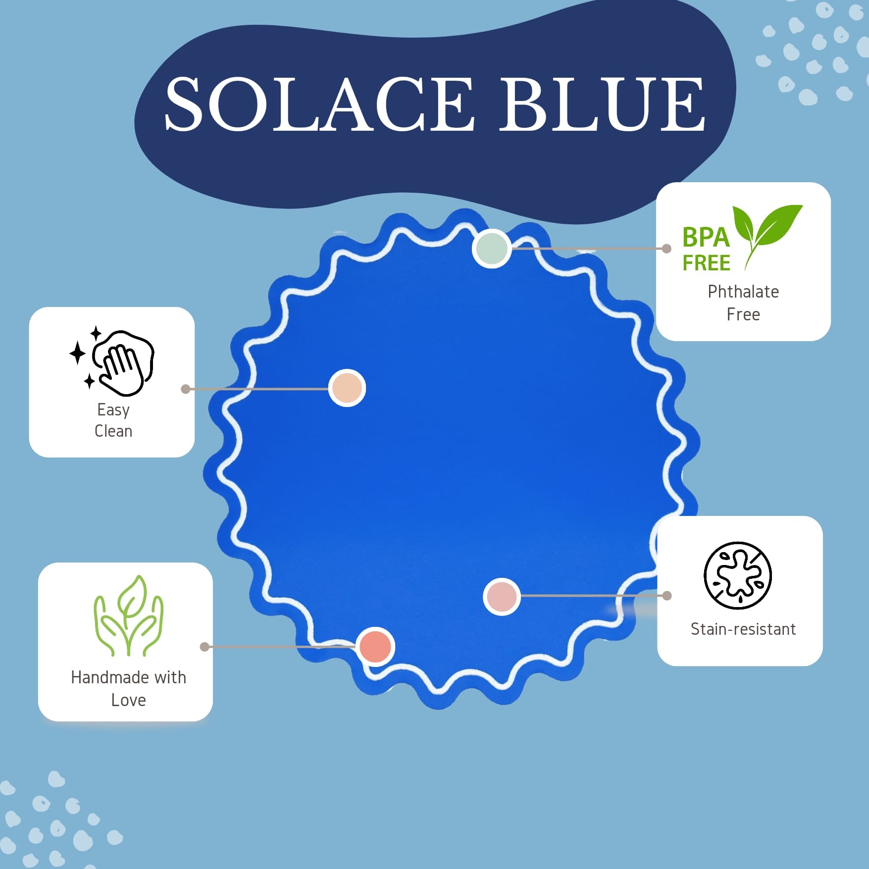 Solace Blue Round Faux Leather Placemat  – perfect for weddings, formal dining, or special events — a luxury placemat made from eco-conscious vegan leather. Exclusively by PNR Decor.
