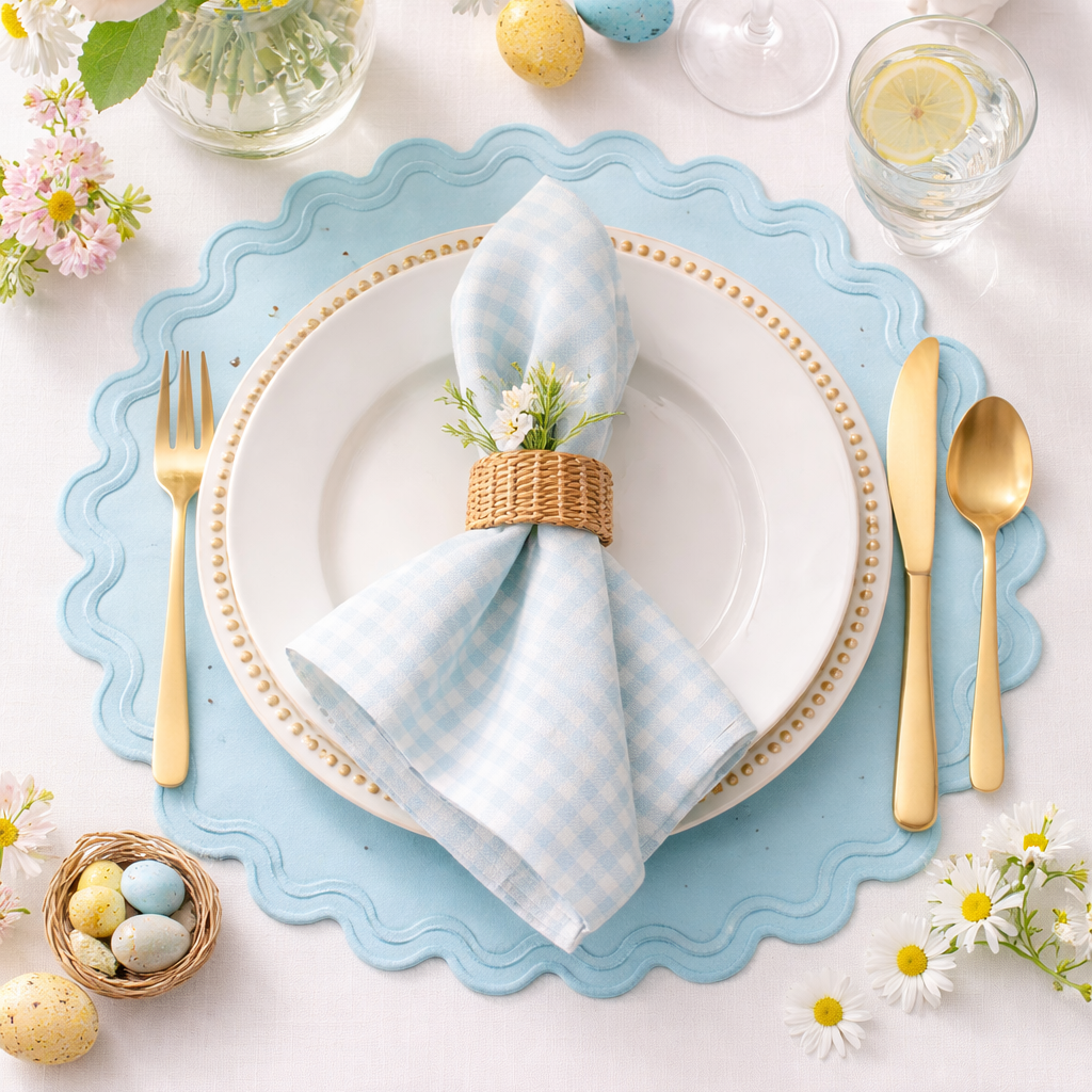 Solace light blue scalloped faux leather placemat with elegant curved edge, perfect for modern table settings, Ship From USA, by Pnr Decor.