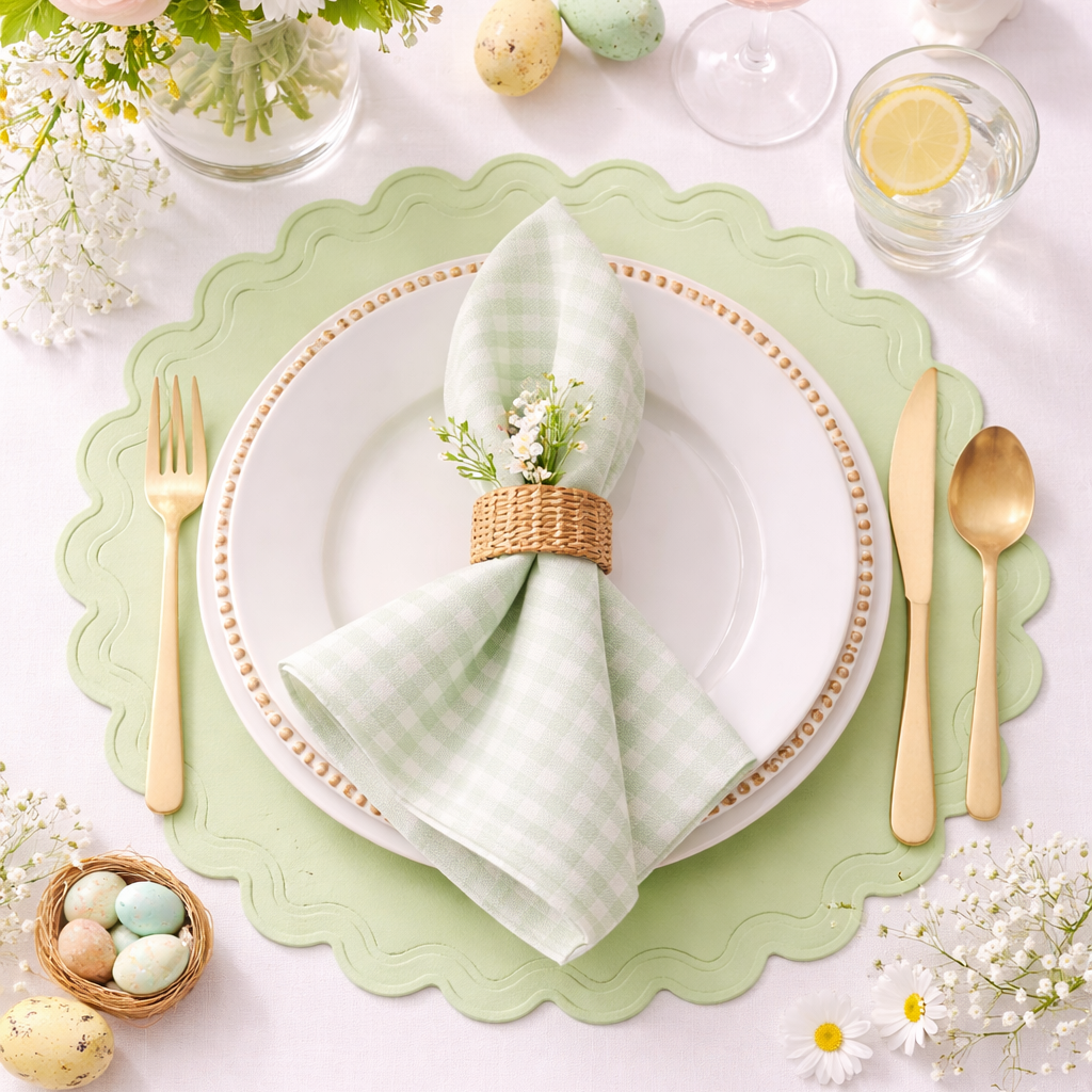 Solace light green scalloped faux leather placemat with elegant curved edge, perfect for modern table settings, Ship From USA, by Pnr Decor.