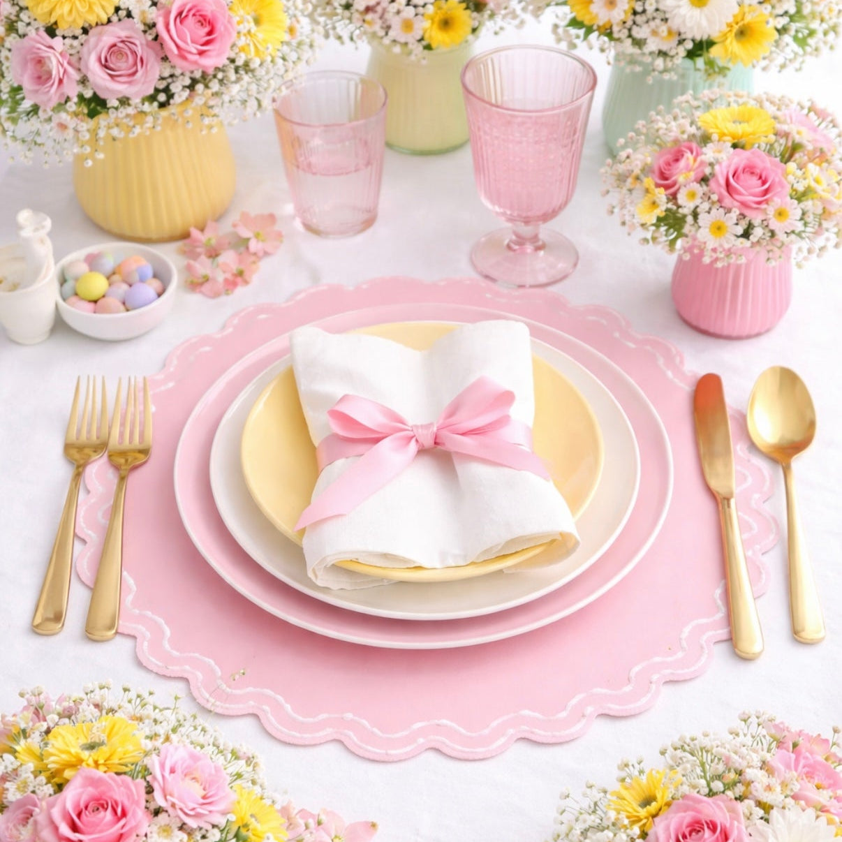 Solace pink scalloped faux leather placemat with elegant curved edge, perfect for modern table settings, Ship From USA, by Pnr Decor.
