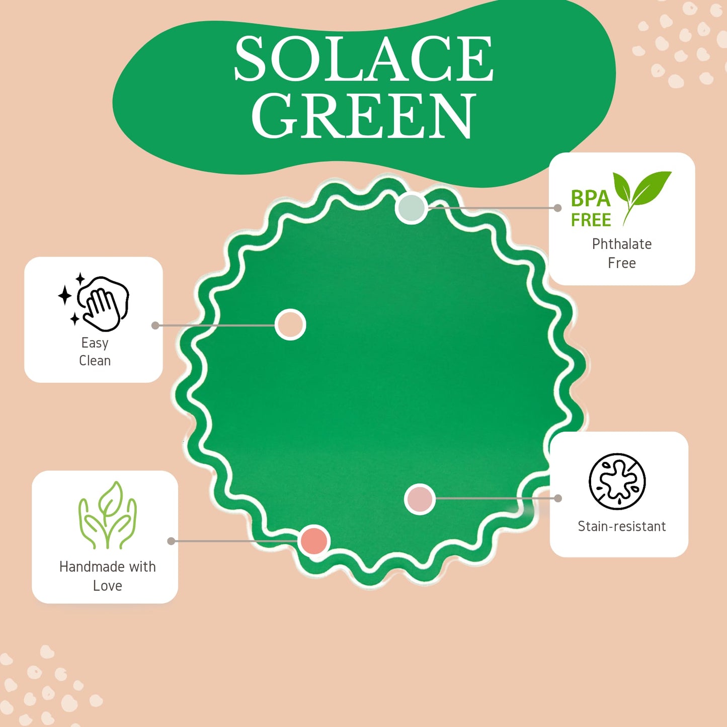 Solace green white scalloped vegan leather placemat arranged for a festive holiday tablescape by PNRDECOR ship from USA