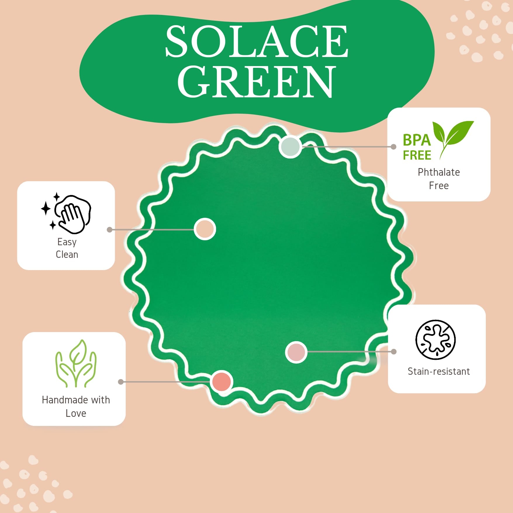 Solace green white scalloped vegan leather placemat arranged for a festive holiday tablescape by PNRDECOR ship from USA